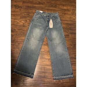 Cali 1850 Women's Wide-Leg Raw Hem Grommet Blue Denim Jeans Size 3/26 NWT